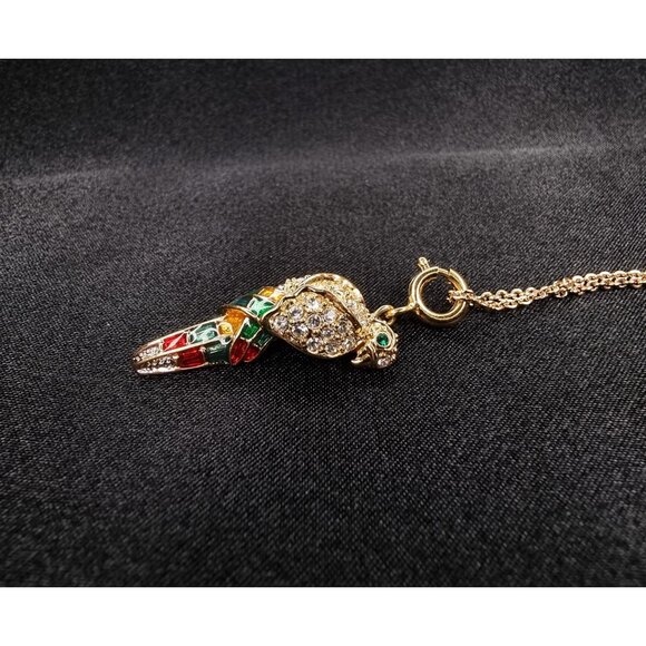 Vintage Nolan Miller Gold-Tone Parrot Pendant Necklace With Crystals & Multicolo - Picture 5 of 7